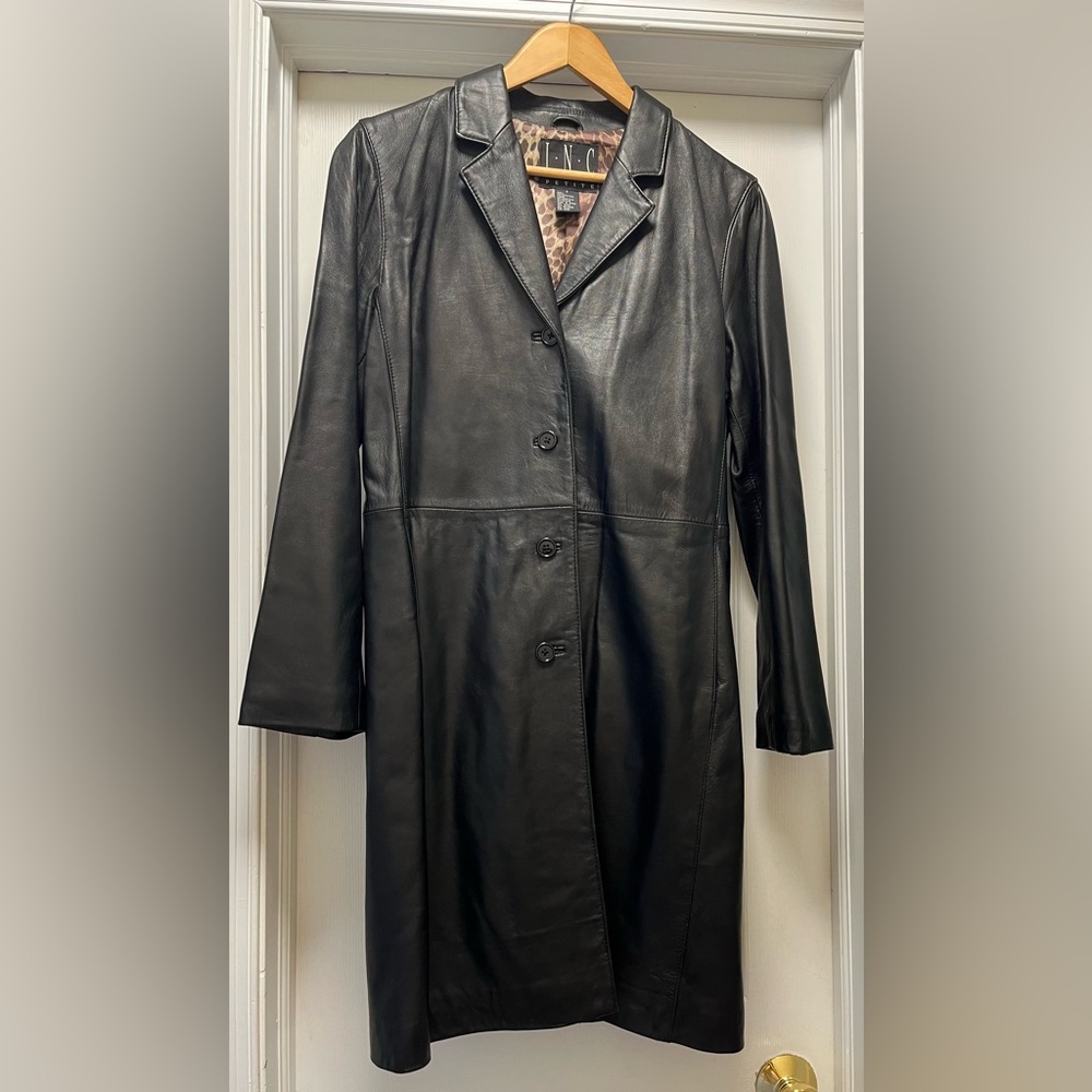 INC International Concepts Vintage Black Leather Coat, Size PETITE Small EUC